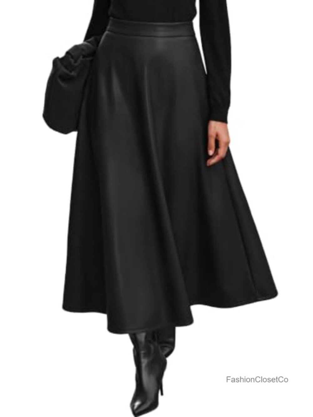 Faux Leather High Waist A-Line Midi Skirt Flare Business Casual